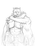 abs anthro big_breasts breasts cape clothed clothing convenient_censorship crossgender droopy_eyes female fur_cape fur_clothing mtf_crossgender muscular muscular_female solo suspenders topless topless_female wide_waist nobodyshouse elden_ring fromsoftware blaidd_(elden_ring) canid canine canis mammal wolf absurd_res hi_res monochrome