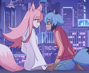 anthro black_body black_fur black_hair black_nose blue_body blue_eyes blue_fur blue_hair brown_body brown_fur city clothed clothing duo female female/female fluffy fluffy_tail fur hair jacket long_hair multicolored_body multicolored_fur multicolored_hair night outside pink_body pink_fur pink_hair tail topwear white_body white_fur poptrt brand_new_animal studio_trigger michiru_kagemori nazuna_hiwatashi canid canine fox mammal raccoon_dog tanuki hi_res