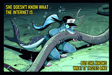 anthro black_border blue_body blue_hair bodily_fluids border bottomwear clothed clothing crouching facial_piercing female fin fingers footwear freckled_face freckled_legs freckled_shoulders freckled_thighs freckles gills hair hat headgear headwear looking_at_viewer motion_lines multicolored_body nose_piercing nose_ring pants piercing pink_eyes ponytail ring_piercing scar septum_piercing septum_ring sharp_teeth shoes solo sweat sweatdrop tail tail_fin teeth text underwater water herny jawlene_(herny) fish marine shark english_text hi_res