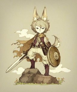 ambiguous_gender anthro armor belt cape clothing cloud grey_hair hair kemono looking_at_viewer melee_weapon shield solo standing sword weapon maniani0122 canid canine fox mammal