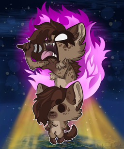 abstract_background anthro brown_hair chibi female fire hair nude screaming solo theidiotlamb aggretsuko sanrio helena_(bonk6) hyena mammal spotted_hyena 5:6 absurd_res digital_media_(artwork) hi_res