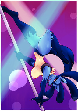 anthro areola blue_body blue_fur breasts female fur looking_at_viewer nipples nude pole pose red_eyes solo stripper_pole upside_down yellow_body yellow_fur 4te nintendo pokemon aya_(4te) canid canine generation_4_pokemon lucario mammal pokemon_(species) absurd_res hi_res