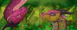 duo ear_piercing feral forest horn leaf looking_at_another male multicolored_body piercing plant solo tongue tongue_out tongue_piercing tree upside_down apollyondragon mythology wings_of_fire jambu_(wof) pineapple_(wof) dragon mythological_creature mythological_scalie scalie 2023 digital_media_(artwork) half-length_portrait hi_res portrait signature