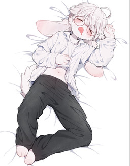 4_fingers 4_toes ahoge anthro barefoot bed blush bodily_fluids clothed clothed_anthro clothed_male clothing drooling eyes_closed eyewear feet fingers floppy_ears fur furniture glasses hair kemono long_ears lop_ears lying male male_anthro navel on_back on_bed open_mouth paws round_glasses saliva sleeping solo tail toes tongue wearing_glasses white_body white_fur white_hair young young_anthro young_male acorn_furry lagomorph leporid mammal rabbit 2026 digital_media_(artwork) full-length_portrait hi_res portrait