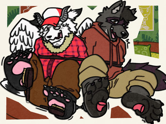 2_horns 4_toes 5_toes anthro bdsm black_body black_fur black_nose bondage bottomwear bound brown_bottomwear brown_clothing brown_pants brush cheek_tuft claws clothed clothed_anthro clothed_male clothing disembodied_tongue duo_focus facial_tuft feathered_wings feathers feet foot_fetish foot_lick fur fur_tuft grey_body grey_fur grey_horn group hat headgear headwear hoodie horn licking male multicolored_body multicolored_fur open_mouth open_smile pants pawpads pink_pawpads red_clothing red_hoodie red_topwear restraints rope rope_bondage smile tail tan_bottomwear tan_clothing tan_pants tickle_fetish tickle_torture tickling tickling_feet toe_claws toes tongue topwear tuft white_body white_fur wings patugh canid hybrid mammal 4:3 hi_res