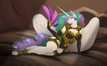 anthro bed bedroom_eyes breasts classy feather_fan feathered_wings feathers female furniture horn narrowed_eyes seductive solo text thick_thighs wings sunny_way friendship_is_magic hasbro my_little_pony mythology princess_celestia_(mlp) equid equine horse mammal mythological_creature mythological_equine pony winged_unicorn 2021 digital_drawing_(artwork) digital_media_(artwork)