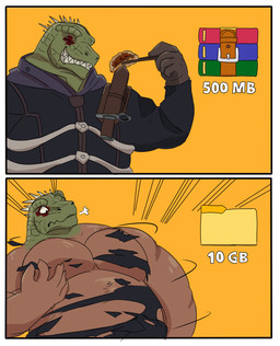 black_clothing black_jacket black_topwear border breath brown_clothing brown_gloves brown_handwear chopsticks clothed clothing expansion folder for_a_head gloves green_body green_scales handwear head_spikes jacket knife_sheath male musclegut muscular number orange_background scales simple_background smile solo spikes spikes_(anatomy) topwear torn_clothing white_border overly_ketchup decompressed_file_meme dorohedoro winrar kaiman_(dorohedoro) animal_head animal_humanoid humanoid lizard_humanoid reptile reptile_humanoid scalie scalie_humanoid 2026 absurd_res comic digital_media_(artwork) hi_res meme