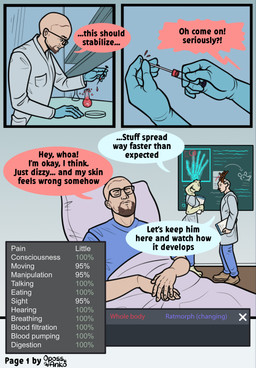 anthro beard clothed clothing coat dialogue dizzy dock_(anatomy) doctor electronics eyewear facial_hair female forced forced_transformation fur game_console gameplay_mechanics gender_transformation glasses group growth gui hair health_bar human_to_anthro injection lab_coat laboratory laboratory_equipment male medical medical_gloves medical_instrument mid_transformation mtf_transformation pain scientific_experiment scientific_instrument species_transformation speech_bubble surgical_suture tail text topwear transformation transformation_sequence kiri-anko rimworld human lagomorph leporid mammal rabbit absurd_res comic english_text hi_res sequence