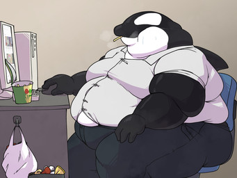 anthro belly bodily_fluids button_(fastener) chubby_cheeks clothed clothing computer computer_mouse desk double_chin eating electronics food furniture hand_on_knee hand_on_leg inside love_handles male moobs obese obese_anthro obese_male overweight overweight_anthro overweight_male sitting solo straining_buttons sweat table thick_thighs tight_clothing yosioka_san shachi-kun aquatic cetacean dolphin mammal oceanic_dolphin orca toothed_whale 4:3 absurd_res hi_res