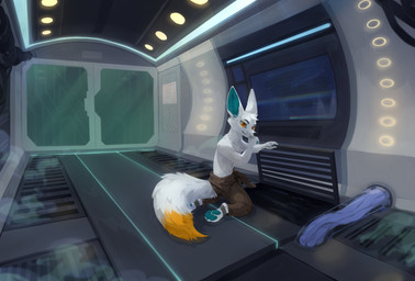 anthro blue_inner_ear_fluff blue_pawpads bottomwear brown_bottomwear brown_clothing brown_pants clothed clothing door fluffy fluffy_tail fur glistening glistening_eyes inner_ear_fluff inside kneeling male mouth_closed orange_body orange_eyes orange_fur pants pawpads solo tail topless tuft unsigned white_body white_fur corzh77 canid canine fennec_fox fox mammal true_fox absurd_res full-length_portrait hi_res portrait