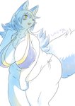 anthro belly bikini blue_body blue_ears blue_fur blush breasts clothed clothing female fur fur_tuft kemono open_mouth simple_background solo swimwear tail tuft two-piece_swimsuit white_background white_body white_fur white_tail ukenya cyberconnect2 drecom full_bokko_heroes asena_(full_bokko_heroes) canid canine mammal absurd_res hi_res