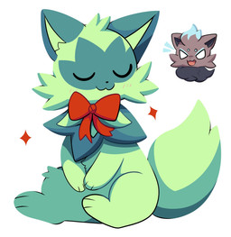 ambiguous_gender angry blush blush_lines bow_accessory bow_ribbon bow_tie cheek_tuft eyes_closed facial_tuft feral fluffy fluffy_tail fur green_body green_fur neck_tuft sitting solo tail tuft apolozorua nintendo pokemon domestic_cat felid feline felis generation_5_pokemon generation_9_pokemon mammal pokemon_(species) sprigatito zorua hi_res