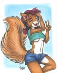 anthro breasts brown_body brown_fur female fluffy fluffy_tail fur gesture hair hand_gesture midriff navel one_eye_closed open_mouth red_hair solo tail under_boob v_sign whiskers wink sonitweek talkeetna mammal rodent sciurid tree_squirrel 2017