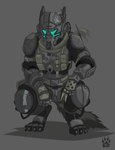 ambiguous_gender anthro armor biped claws clothed clothing crouching fully_clothed furgonomics grey_background scarf simple_background solo wolfdawg electronic_arts respawn_entertainment titanfall canid canine mammal 2017 hi_res