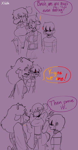 anthro dialogue female freckled_face freckles group looking_at_another male speech_bubble text trio zytkal deltarune undertale_(series) kris_dreemurr noelle_holiday susie_(deltarune) deer human mammal reptile scalie comic english_text hi_res