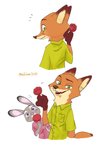 anthro clothed clothing duo eating female food fur green_eyes grey_body grey_fur looking_at_viewer male open_mouth open_smile orange_body orange_fur pawpsicle popsicle purple_eyes shirt simple_background smile topwear white_background nklove3104 disney zootopia judy_hopps nick_wilde canid canine fox lagomorph leporid mammal rabbit red_fox true_fox 2020 3:4 hi_res signature