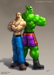 belt boots bottomwear clothed clothing duo facial_hair footwear green_body green_skin male muscular muscular_male mustache not_furry pants shirtless shoes topless tusks vein veiny_muscles braford trassk human humanoid mammal orc 2006