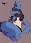 2020 anthro ball_gag balls blindfold blush butt canid canine gag gagged generation_4_pokemon genitals hi_res kyurisawa lucario male mammal meme nintendo no_nut_november pokemon pokemon_(species) simple_background solo