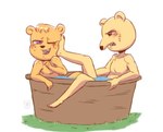 anthro bathing blush duo humanoid_hands male one_eye_closed purple_eyes scar dimadoodles unicorn_wars cabo_pompon_(unicorn_wars) grimaldo_(unicorn_wars) bear mammal 2023