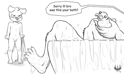 4_toes angry anthro balls bandage bath black_text blush claws collarbone dialogue duo feet fist flaccid floppy_ears foreskin fur genitals head_tuft holding_object humanoid_genitalia humanoid_penis male navel nipples nude penis rubber_duck simple_background speech_bubble standing teasing text toe_claws toes tuft water white_background young young_anthro young_male eldiman canid canine canis domestic_dog mammal 2019 digital_drawing_(artwork) digital_media_(artwork) english_text hi_res monochrome brother_(lore) brothers_(lore) sibling_(lore)