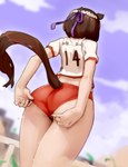 5_fingers accessory athletic_wear blurred_background bodily_fluids bottomwear brown_hair butt clothed clothing cloud day dutch_angle female fingers gym_bottomwear gym_shorts hair hair_accessory outside short_hair shorts solo sweat materclaws cygames uma_musume_pretty_derby special_week_(pretty_derby) animal_humanoid equid equid_humanoid equine equine_humanoid horse_humanoid humanoid mammal mammal_humanoid 2018 digital_media_(artwork) hi_res