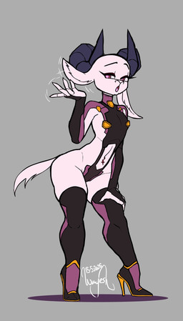4_fingers anthro clothed clothed_anthro clothed_female clothing curled_horn female female_anthro fingers flat_chested footwear fur hand_on_leg high_heels horn legwear looking_aside mature_anthro mature_female navel navel_piercing piercing pose red_eyes shoes simple_background skimpy solo standing tail thick_thighs thigh_highs white_body white_fur wayesh rambi_(wayesh) bovid caprine goat mammal 2025 dated hi_res signature