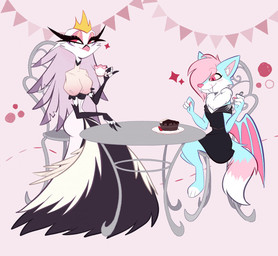 anthro beverage cake candy chair chocolate chocolate_cake clothing container crown cup cutlery dessert dress duo eyelashes female food fork furniture hair headgear holding_container holding_cup holding_object kitchen_utensils long_eyelashes long_hair pink_eyes pink_hair short_hair simple_background sitting smile table tea tools white_background white_hair wings riux_xxx hellaverse helluva_boss marshmallow_(riux_xxx) stella_(helluva_boss) avian bat bird canid canine fox hybrid mammal owl owl_demon trans_(lore) trans_woman_(lore)