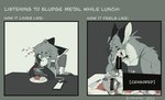 anthro black_background black_ears blood bodily_fluids breast_rest breasts cannibalism chair chicken_leg corpse duo earpod eating female furniture humor listening_to_music musical_note musical_symbol simple_background symbol table text white_background tobydoge bushberry_(tobydoge) canid canine fox mammal censored comic english_text greyscale hi_res meme monochrome