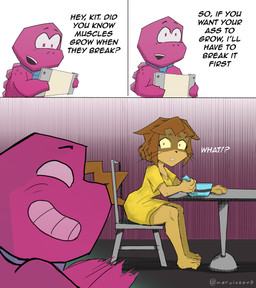 anthro anticipation barefoot bowl clenched_teeth clothing confusion constricted_pupils container cutlery dress duo feet female furniture grin imminent_rape imminent_sex innuendo kitchen_utensils male male/female pupils rape_face shocked small_pupils smile spoon suspense table tablet_computer tail teeth text tools uhoh whiskers yellow_clothing yellow_dress marciuspng gameoverse glitch_productions gobbles_(gameoverse) kit_bodega domestic_cat felid feline felis learnosaurus mammal absurd_res comic english_text hi_res