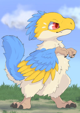 3_toes ambiguous_gender anthro biped black_claws blue_body blue_feathers blue_fur claws cloud countershading day fangs feathers feet fingers fluffy fur grass multicolored_body multicolored_feathers outside plant red_eyes side_view sky smile solo standing tail tan_body teeth toe_claws toes tuft white_body white_feathers wings yellow_body yellow_feathers fusau dinosaur dromaeosaurid feathered_dinosaur feathered_scalie prehistoric_species reptile saurischian scalie theropod 2022 absurd_res digital_media_(artwork) hi_res portrait