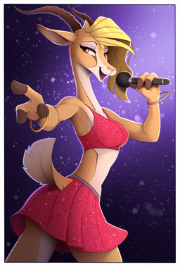 3_fingers abstract_background amber_eyes anthro blonde_hair border bottomwear bracelet breasts clothed clothing crop_top electronics eyebrows eyelashes eyeshadow female fingers fur furgonomics gesture hair hand_gesture holding_microphone holding_object horn jewelry long_neck looking_at_viewer looking_back makeup microphone open_mouth pointing rear_view shirt skirt solo tail tail_through_skirt teeth tongue topwear white_border yakovlev-vad disney zootopia gazelle_(zootopia) antelope bovid gazelle mammal 2020 absurd_res digital_media_(artwork) hi_res portrait three-quarter_portrait