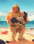 anthro beach belly big_belly blush brown_body carrying_another clothing convenient_censorship detailed_background discarded_clothing discarded_swimwear duo lifeguard lifeguard_swimsuit male male/male moobs nipples outside overweight overweight_male seaside size_difference water wet wet_body said_the_saisio saisio canid canine canis domestic_dog mammal 2022 hi_res