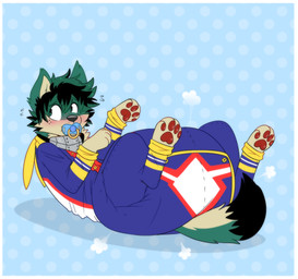 ageplay big_diaper blush border clothed clothing diaper diaper_puff dipstick_tail embarrassed feral feralized fur green_body green_eyes green_fur infantilism looking_away lying male markings object_in_mouth on_back onesie pacifier pacifier_in_mouth pattern_background pawpads paws quadruped roleplay simple_background solo superhero_costume tail tail_markings text white_border jupiters my_hero_academia izuku_midoriya canid canine canis domestic_dog mammal hi_res