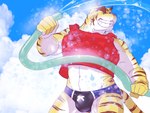 anthro big_bulge big_muscles blue_sky bulge clothed clothing cloud eyes_closed garden_hose male muscular shirt sky sky_background smile solo speedo swimwear tank_top topwear water rotton morenatsu torahiko_(morenatsu) felid mammal pantherine tiger 2020