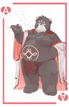 anthro belly bottomwear brown_body brown_fur cigarette clasp clothing fur loincloth male moobs nipples overweight overweight_male robe smoking solo yimingsama bear mammal hi_res