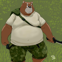 anthro black_nose bottomwear brown_body brown_fur clothing fur humanoid_hands kemono male overweight overweight_male shirt shorts solo topwear weapon conoji bear mammal 1:1 2015