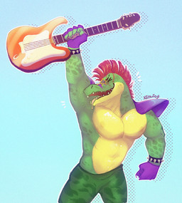 anthro areola barazoku biceps blue_background blush bodily_fluids bodypaint bottomwear bracelet claws clothed clothing drooling electric_guitar eyes_closed eyewear face_paint fangs fist glasses gloves green_background green_blush green_body green_nose green_skin guitar guitarist hair handwear jewelry male manly mohawk multicolored_body multicolored_skin muscular muscular_anthro muscular_male musical_instrument navel nipples open_mouth pants pecs pink_tongue plucked_string_instrument pose raised_arm red_hair rockstar saliva sharp_teeth short_hair shoulder_guards simple_background smile solo spiked_bracelet spikes standing star star_glasses string_instrument teeth thick_neck thick_thighs tongue tongue_out topless triceps yellow_areola yellow_body yellow_nipples yellow_skin xeoniios five_nights_at_freddy's five_nights_at_freddy's:_security_breach scottgames steel_wool_studios montgomery_gator alligator alligatorid crocodilian reptile scalie absurd_res detailed hi_res