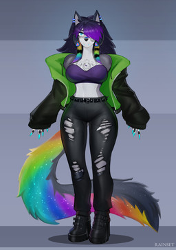 anthro bandeau big_breasts black_boots black_bottomwear black_clothing black_footwear black_hair black_pants blue_eyes blue_fingernails blue_nails boots bottomwear breasts chest_tattoo clothed clothed_anthro clothed_female clothing colored_nails denim denim_bottomwear denim_clothing ear_piercing facial_tattoo female fingernails fluffy fluffy_tail footwear fur grey_body grey_fur hair hair_over_eye high_heeled_boots high_heels jacket jeans long_hair multicolored_body multicolored_fur multicolored_hair multicolored_tail nails occult_symbol pants pentagram pentagram_tattoo piercing purple_bandeau purple_clothing purple_hair purple_topwear rainbow_hair rainbow_tail shoes solo symbol tail tattoo topwear torn_bottomwear torn_clothing torn_pants white_body white_fur rainset jade_steele canid canine fox mammal noctide 2026 absurd_res hi_res