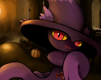 ambiguous_gender clothing fence feral fog food forest fruit grass hat headgear headwear light outside plant pumpkin purple_body red_eyes solo tree witch_hat yellow_sclera mochi-bun nintendo pokemon generation_1_pokemon generation_4_pokemon ghost mismagius pikachu pokemon_(species) spirit