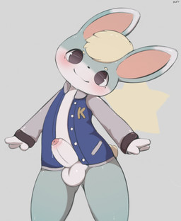 3_fingers :3 anthro balls biped black_eyes black_nose blonde_hair blue_clothing blue_jacket blue_topwear blush bodily_fluids bottomless clothed clothing countershade_face countershade_fur countershade_torso countershading dipstick_ears dripping ear_markings erection fingers foreskin front_view fur genital_fluids genitals glistening glistening_balls glistening_body glistening_eyes glistening_fur glistening_genitalia green_ears grey_background hair humanoid_genitalia humanoid_hands humanoid_penis jacket kemono letterman_jacket long_ears looking_at_viewer male monotone_hair monotone_tail multicolored_ears multicolored_penis open_clothing open_jacket open_topwear partially_retracted_foreskin pattern_background penis pink_inner_ear pink_penis pose precum precum_drip scut_tail short_hair short_tail simple_background smile solo standing star star-shaped_background star_polygon tail thick_penis topwear two_tone_ears two_tone_penis white_balls white_body white_countershading white_ears white_fur white_penis yellow_tail young young_anthro fisuku animal_crossing nintendo sasha_(animal_crossing) lagomorph leporid mammal rabbit digital_media_(artwork) hi_res portrait three-quarter_portrait adult_(lore)