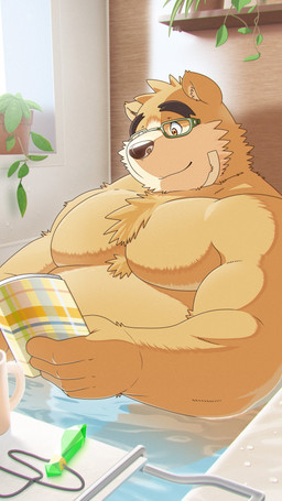 anthro bathing bathtub belly biceps brown_body brown_fur detailed_background eyewear fur glasses male musclegut muscular pecs reading solo water tetillust lifewonders tokyo_afterschool_summoners volos_(tas) bear mammal 9:16 absurd_res hi_res