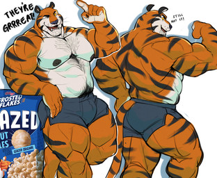 anthro armpit_hair barazoku biceps big_muscles big_pecs body_hair boxers_(clothing) boxers_only bulge cereal_box cereal_mascot chest_hair clothed clothing deltoids facial_hair flexing flexing_bicep fur greeting hairy male mascot muscular muscular_anthro muscular_male nipples orange_body orange_fur pecs pubes simple_background solo striped_body striped_fur stripes stubble text topless underwear underwear_only whiskers o_reowoof reolixious frosted_flakes kellogg's tony_the_tiger felid mammal pantherine tiger absurd_res english_text hi_res