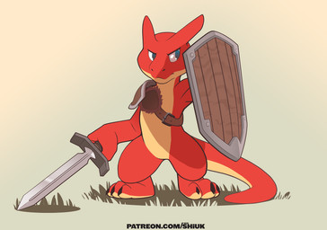 3_toes ambiguous_gender anthro armor barefoot biped black_claws blue_eyes bottomless breastplate claws clothed clothing feet fingers front_view grass grey_background holding_melee_weapon holding_object holding_shield holding_sword holding_weapon looking_away melee_weapon paws plant red_body red_skin shield shoulder_guards simple_background solo standing sword text toes topwear weapon shiuk kobold scalie 2019 digital_drawing_(artwork) digital_media_(artwork) hi_res url