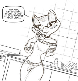 amputee anthro ara_ara blush choker clothing dialogue disability eyewear female glasses jewelry kitchen mature_female missing_arm necklace plate sink solo text chochi beatriz_overseer beatriz_resont amphibian frog black_and_white english_text hi_res monochrome
