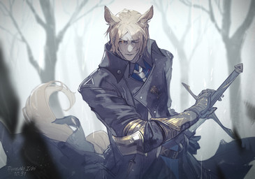 armor belt black_clothing black_jacket black_topwear blonde_hair clothing forest front_view gauntlets gloves hair handwear holding_melee_weapon holding_object holding_sword holding_weapon inner_ear_fluff jacket looking_at_viewer male melee_weapon necktie one_eye_closed outside plant raining solo sword tail topwear tree tuft weapon ryuuzaki_ichi arknights hypergryph studio_montagne mlynar_(arknights) animal_humanoid equid equid_humanoid equine equine_humanoid horse_humanoid humanoid mammal mammal_humanoid 2022 digital_media_(artwork)