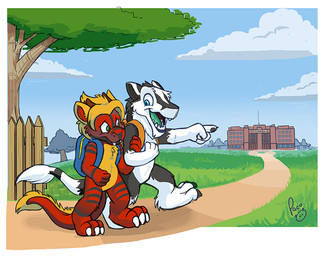 anthro blonde_hair blue_eyes blue_sky claws cloud duo fangs featureless_crotch fence fur grass green_eyes grey_body grey_fur grey_markings hair logo male markings mouth_closed nude open_mouth open_smile outside plant red_body red_fur sky smile striped_arms striped_legs tail tail_tuft teeth tree tuft white_body white_claws white_fur yellow_body yellow_fur young young_anthro young_male pandapaco mythology dragon furred_dragon furred_scalie mythological_creature mythological_scalie scalie artist_logo signature