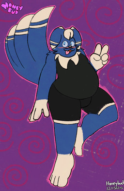 anthro blue_body blue_fur blush blush_lines fur gesture hand_gesture male meowstic_(crj1) slightly_chubby slightly_chubby_male solo v_sign honeybud nintendo pokemon fan_character generation_6_pokemon meowstic pokemon_(species) absurd_res hi_res