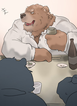 alcohol anthro beverage black_nose bodily_fluids brown_body brown_fur chopsticks clothing drooling drunk facial_tuft fur group humanoid_hands kemono male neck_tuft sake sake_bottle saliva shirt sitting solo_focus substance_intoxication topwear tuft moo2 bear mammal 2021 hi_res