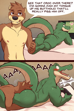 anal anal_penetration anthro back_spines blush bubble_butt butt controller dialogue duo electronics face_in_ass fangs game_controller gaming glistening glistening_butt looking_pleasured lying male male/male navel nipples nom nude nude_male on_front penetration playing_video_game pointy_speech_bubble scales screaming snout speech_bubble tail teeth television text thick_tail tongue whiskers yelling yellow_eyes ventkazemaru crocodile_hunter crocodile crocodilian mammal mustelid otter reptile scalie comic english_text hi_res