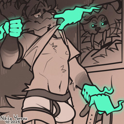 5_fingers anthro athletic athletic_anthro athletic_male belt big_fangs biped black_sclera briefs bulge clothing disembodied_hand duo facial_hair fangs fingers flustered ghost_hand goatee green_eyes hair haunted_house looking_at_another male male/male nipples pecs teeth tighty_whities underwear undressing_another white_briefs white_clothing white_underwear nikitayarrow laurien_(nikitayarrow) canid canine cougar felid feline fox mammal 1:1 2025 hi_res